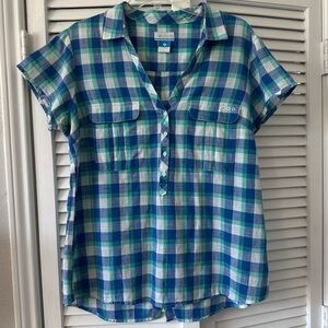 Columbia PFG Size XL Plaid 100% Cotton Women’s Short Sleeve Top with Buttons